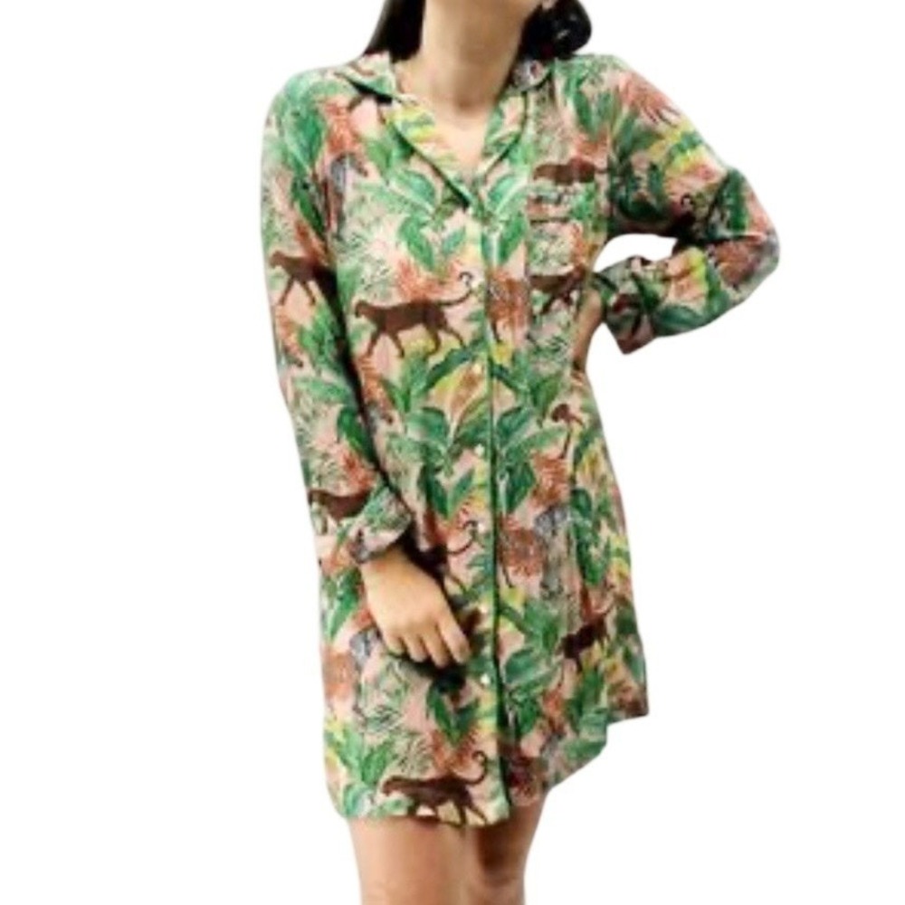 World Market Pajama Night Shirt Tropical Jungle Animal Print L/XL Lounge Sleep
